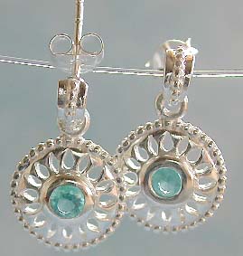 Cz jewelry online shop, flower wheel sterling silver earring with blue cz center