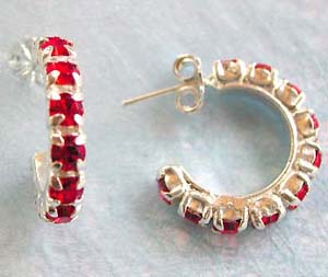 Jewelry for wedding, multi red cz embedded C shape sterling silver stud earring